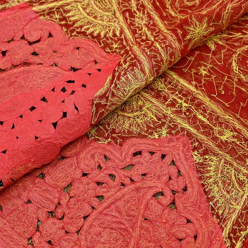 Vintage Heavy Bridal Dupatta Red Pure Chiffon Silk Long Stole Hand Embroidered - Picture 23 of 24