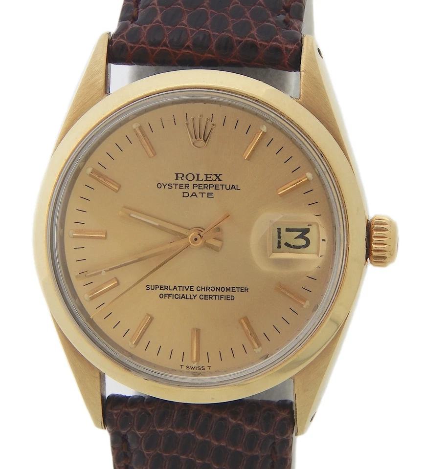 Rolex Date 1550 Mens 14K Gold Shell Watch Champagne Dial Brown Leather Strap