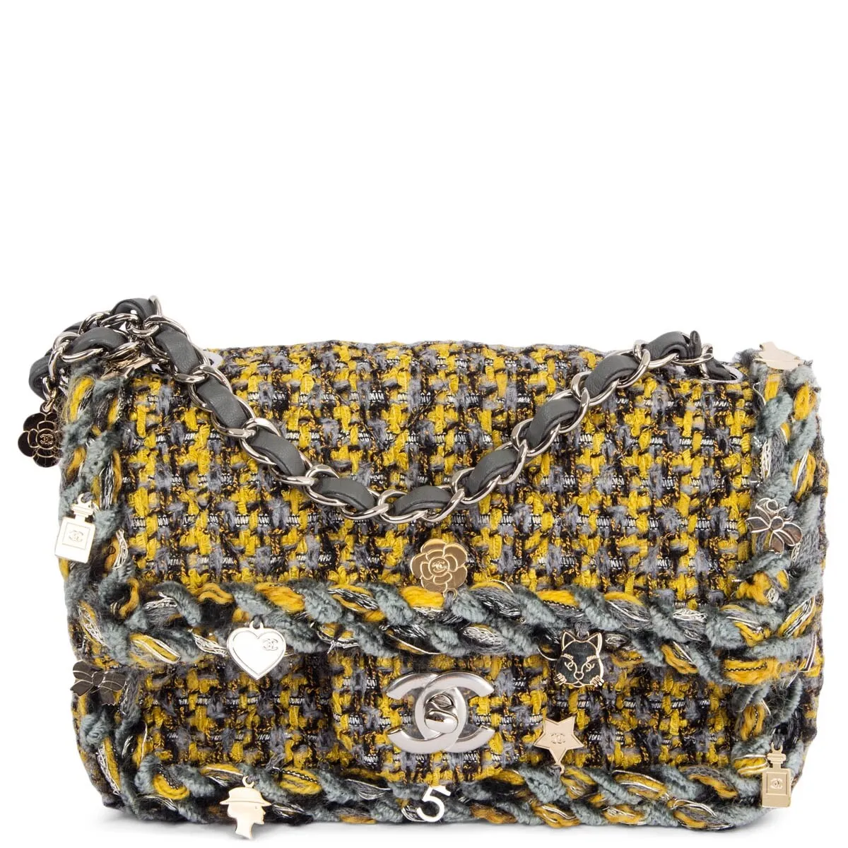 66979 auth CHANEL yellow & grey 2017 CHARMS TWEED SMALL FLAP Shoulder Bag