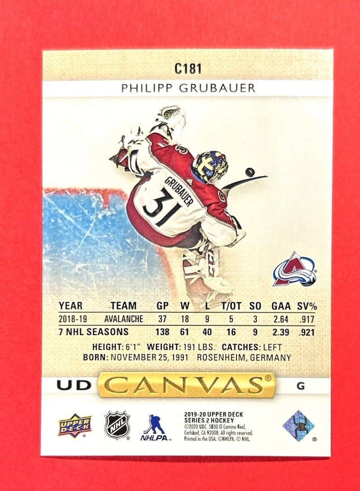 Philipp Grubauer ~ 2019-20 Upper Deck Series 2 ~ Canvas #C181 - Image 2 of 2