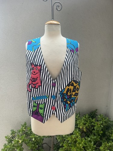 Gilet di seta vintage Kitsch tema gatto arte unisex S/M Silkscapes  - Foto 1 di 12