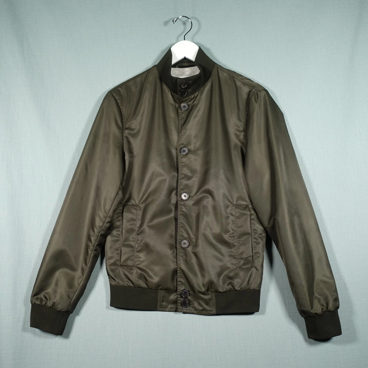 Reiss Heck Bomber Jacket Mens Extra Small Green Button Up Funnel Preloved