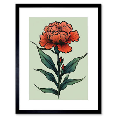 Nelke Old School Blume Tattoo Rockabilly 50er gerahmter Wandkunstdruck 12x16