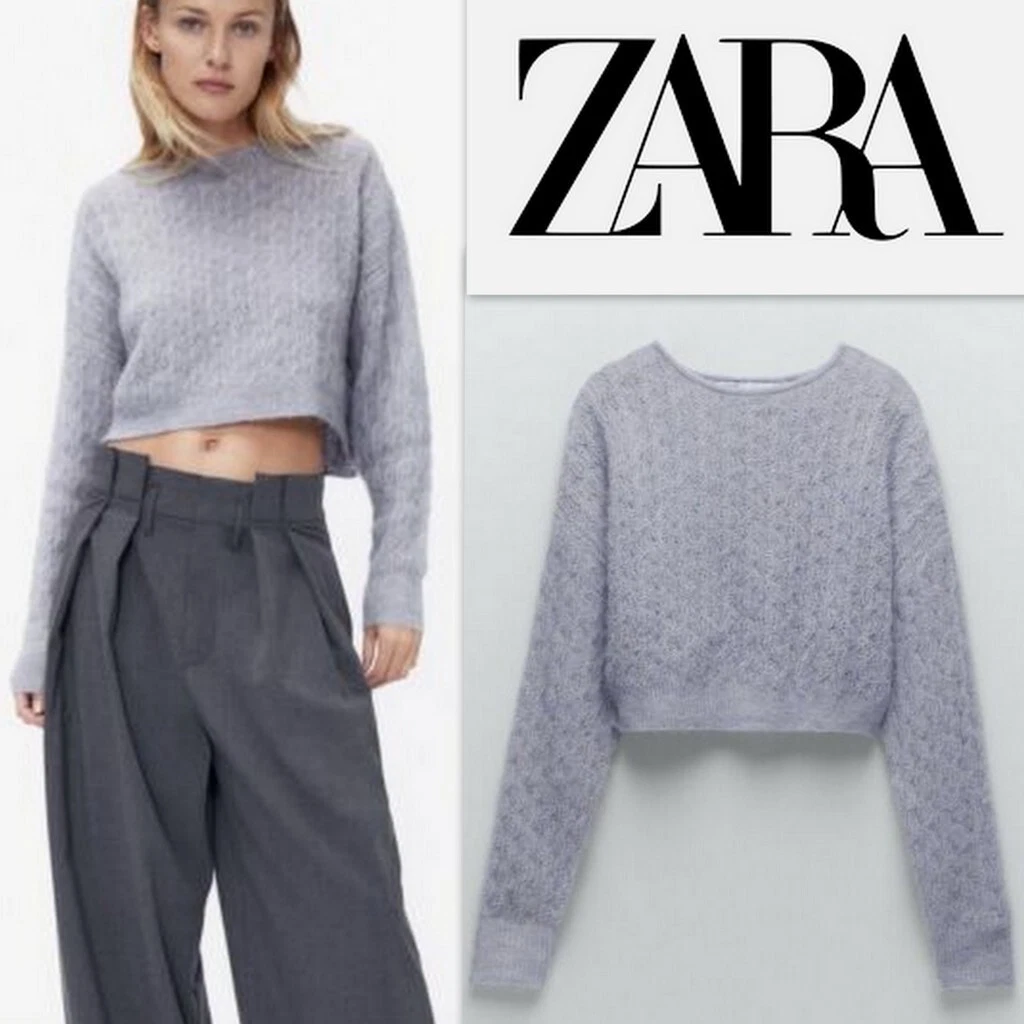 NWT ZARA Open Knit Wool Alpaca Blend Crop Sweater Size L in Periwinkle