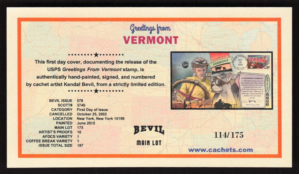 Scott 3740 37c Greetings from Vermont Hand Painted FDC by Bevil 114/175 - Image 2 of 2