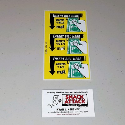 MARS VN2511 or VN2512 BILL VALIDATOR (3) DECAL STICKERS $1, $2 & $5 / Free Ship!