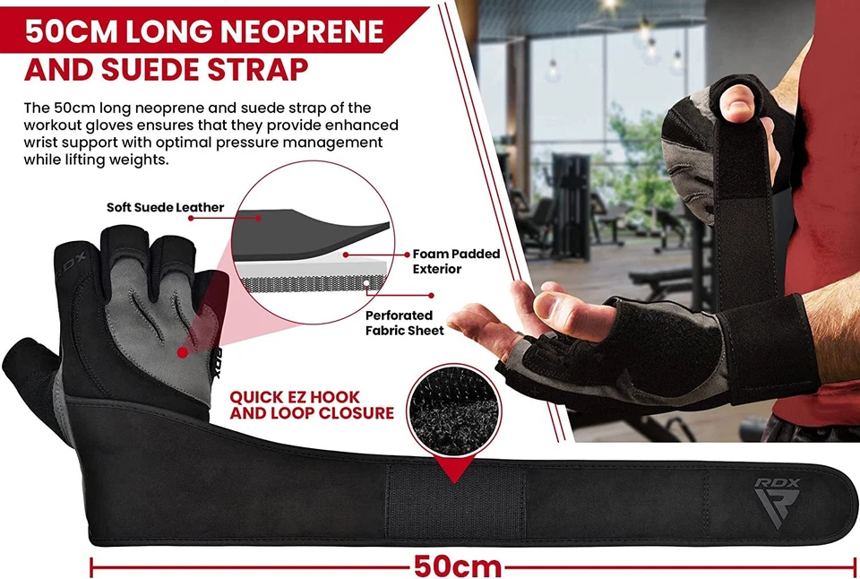Guantes de levantamiento de pesas de RDX, levantamiento de pesas, guantes de entrenamiento para hombre, soporte para muñeca Foto 2 de 4