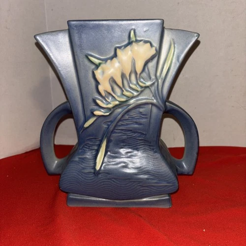Roseville Freesia 1945 Vintage Art Pottery Blue Handled Ceramic Vase 200-Chips