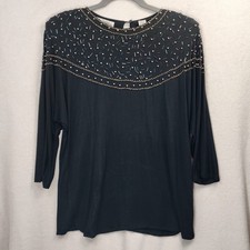 Vtg Glam Retro 80s 90s Black Rayon Embellished Bead Sequin Holiday Party Top