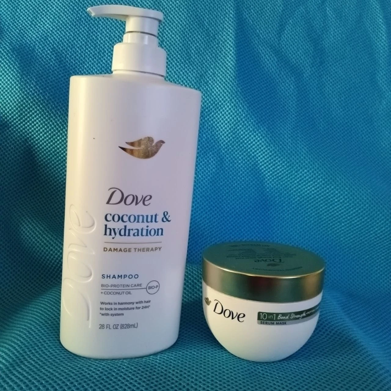 Lot of 2 Dove Coconut/Hydration Shampoo Dry Hair& 10in1 Bond Strength Serum Mask