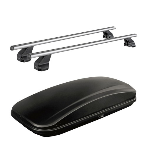 Barre Portatutto + Box 430L Per Fiat Freemont 2011-2016: Kit Tetto Acciaio E Baule 180x78x37 Cm