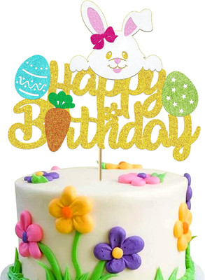Happy Easter Birthday Cake Topper Cute Decorations Glitter Gold Theme Rabbit Car