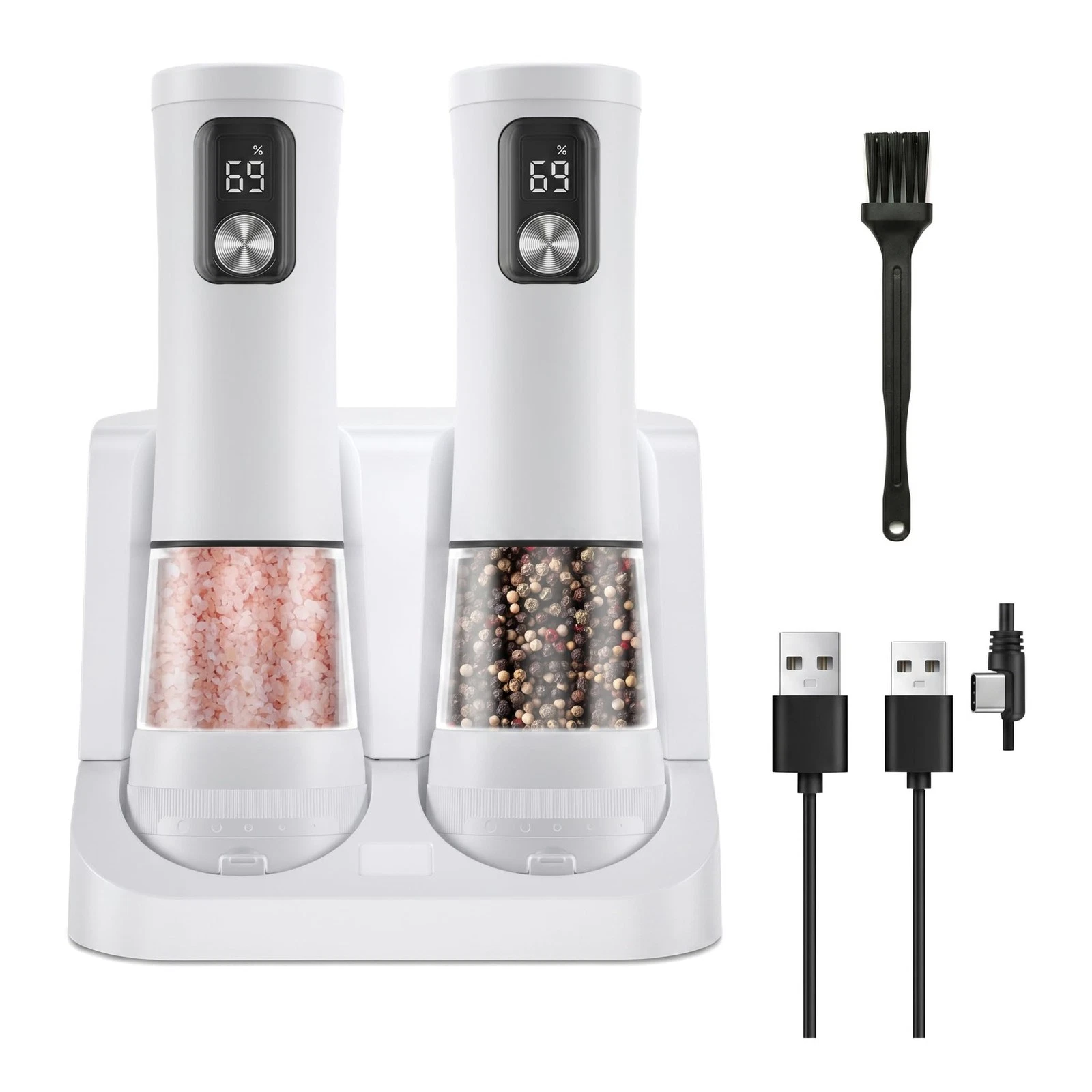 Salt and Pepper Grinder Set, Rechargeable Automatic Pepper Mill with Base,Dis...