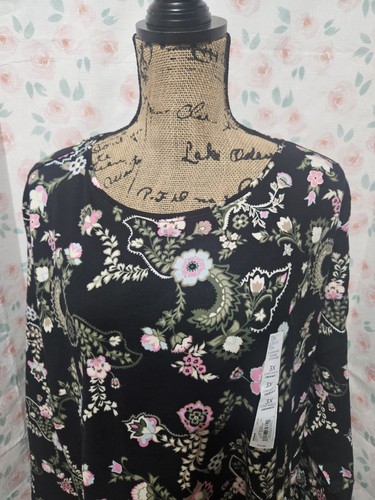 CROFT & BARROW, CAMISETA PAISLEY MANGA LARGA ALGODÓN ROSA/NEGRO NUEVA PARA MUJER, TALLA 3X - Imagen 2 de 7