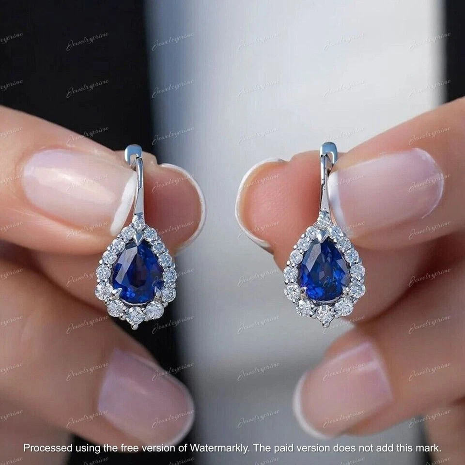 2.60Ct Pear Lab Created Sapphire & Diamond Dangle Earrings 14k White Gold Over