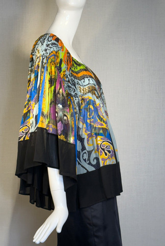 ETRO Milano PLEATED Print Silk Blouse Black Boarder SIZE IT42 M, Bell Sleeves