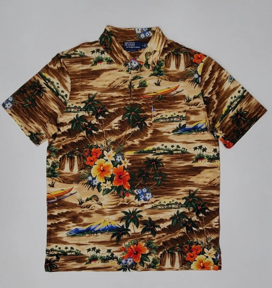 Polo Ralph Lauren Brown TROPICAL PRINT Cotton Linen Blend Collared