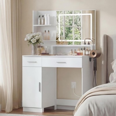 Vanity Desk with LED Mirror and Lights, Makeup Vanity Table with Power Outlet...