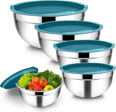 Salatschüsseln aus Edelstahl, 5-teiliges Set, blau, spülmaschinenfest, stapelbar