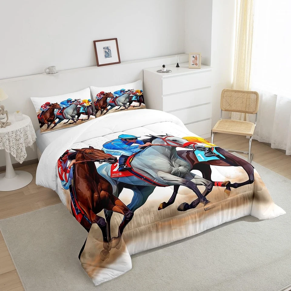 Juegos de cama de carreras de caballos tamaño doble para niños hombres, juego de edredón de vaquero occidental para... Foto 3 de 4