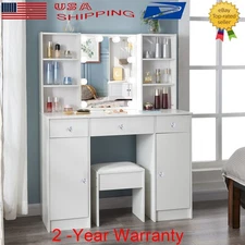 Dressing Table w/ 10 Led Lights Mirror 3 Drawers Makeup Desk & Stool Vanity Set