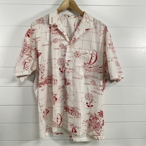 Camicia vintage made in Hawaii uomo grande bianca rossa stampa mappa hawaiana Aloha anni 90