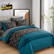Teal Blue Comforter Set King Size 7 Pieces Blue and Black Stripe Bed in a Bag...