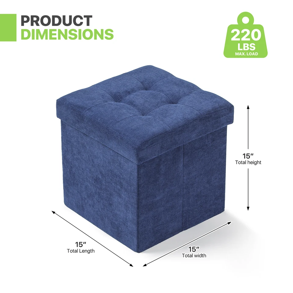Navy Blue Fabric Storage Ottoman Classic Cube Home Living Room Décor Footstool - Image 3 of 4