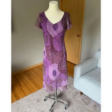 Vtg Y2K 90s Whimsy Goth Purple Floral Midi Dress Flutter Sleeve Hem Sheer 8