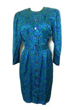VTG Adrianna Papell Shirt Dress Silk Button Down Long Sleeve Blue Green Belt 8P