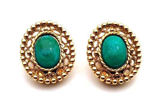 VINTAGE GOLD TONE BLUE TURQUOISE STONE CLIP ON EARRINGS