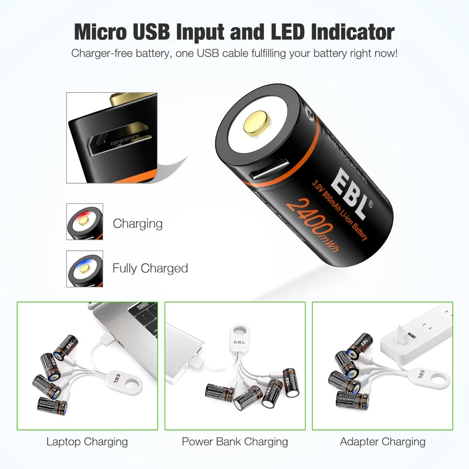 EBL 3V CR123 16340 USB Rechargeable Li-ion Batteries w/ Charger for Camera Lot - Image 2 of 4