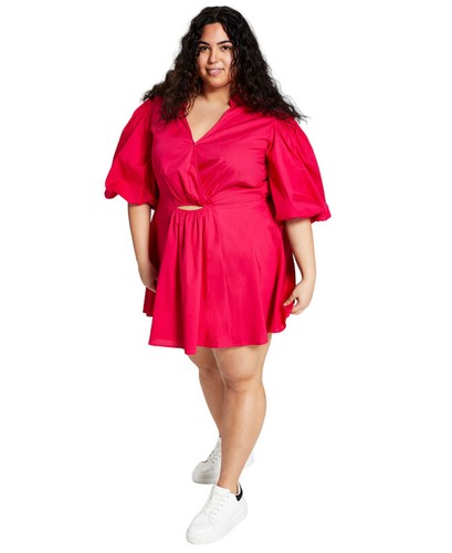 And Now This Women's Trendy Plus Size Cutout Poplin Dress (Pomegranate, 0X)