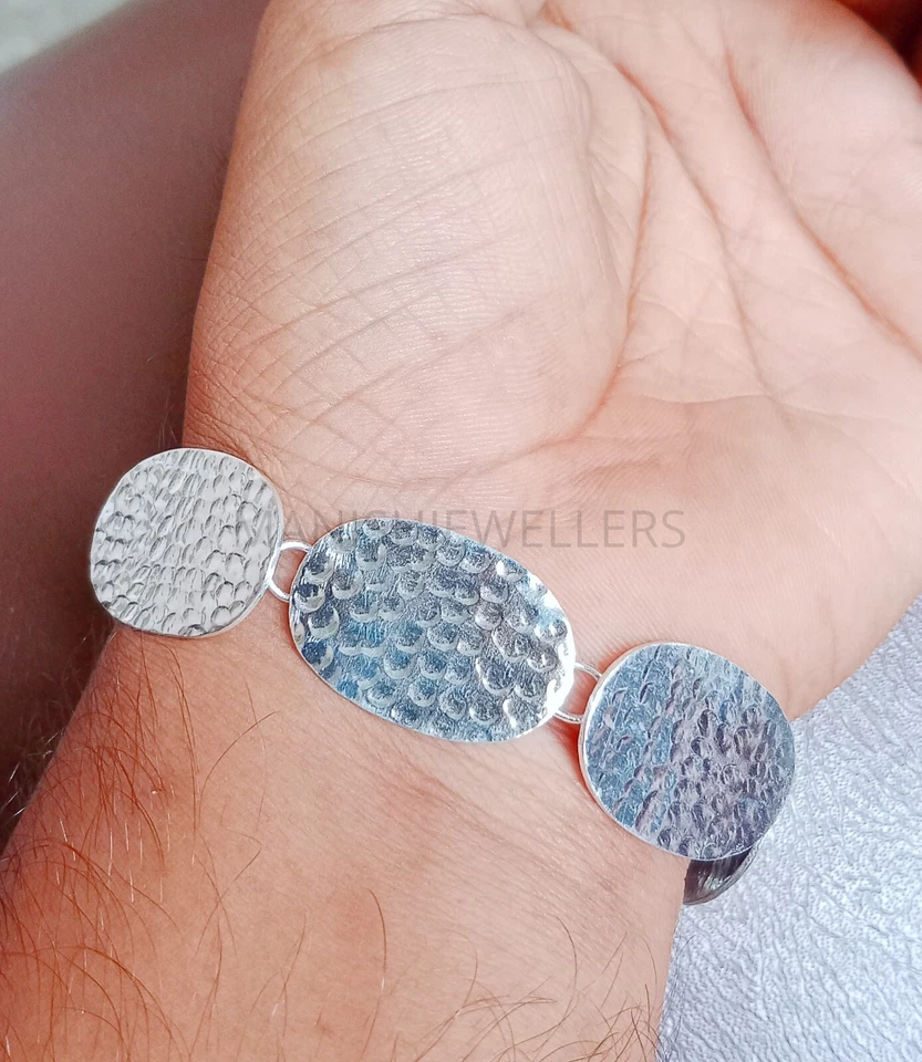 925 Sterling Silver Paper Clip Bracelet Hammered Disc Linked Bracelets All Size - Image 3 of 4