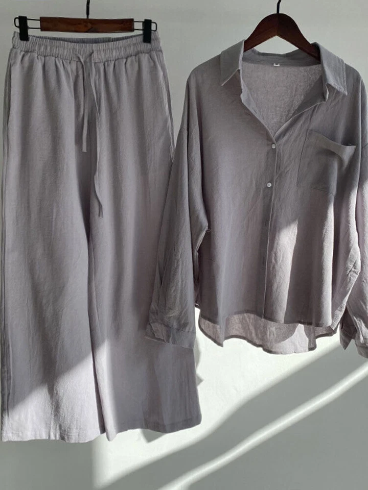 Conjunto de 2 Pantalones Camisa Mujer Verano Lino Manga Larga Camisa Traje Mujer Traje Foto 2 de 4