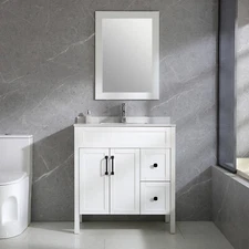 32 Inch Bathroom Vanity Set White Cabinet Stone Top w/Ceramic Sink & Drain Combo