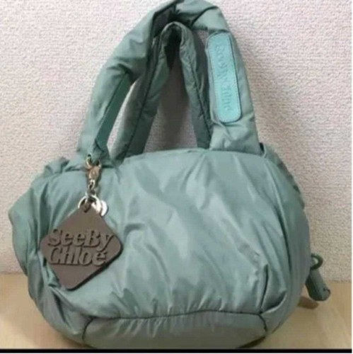 See By Chloe Handbag Tote Logo Nylon Leather Light Blue Women's USED FROM JAPAN