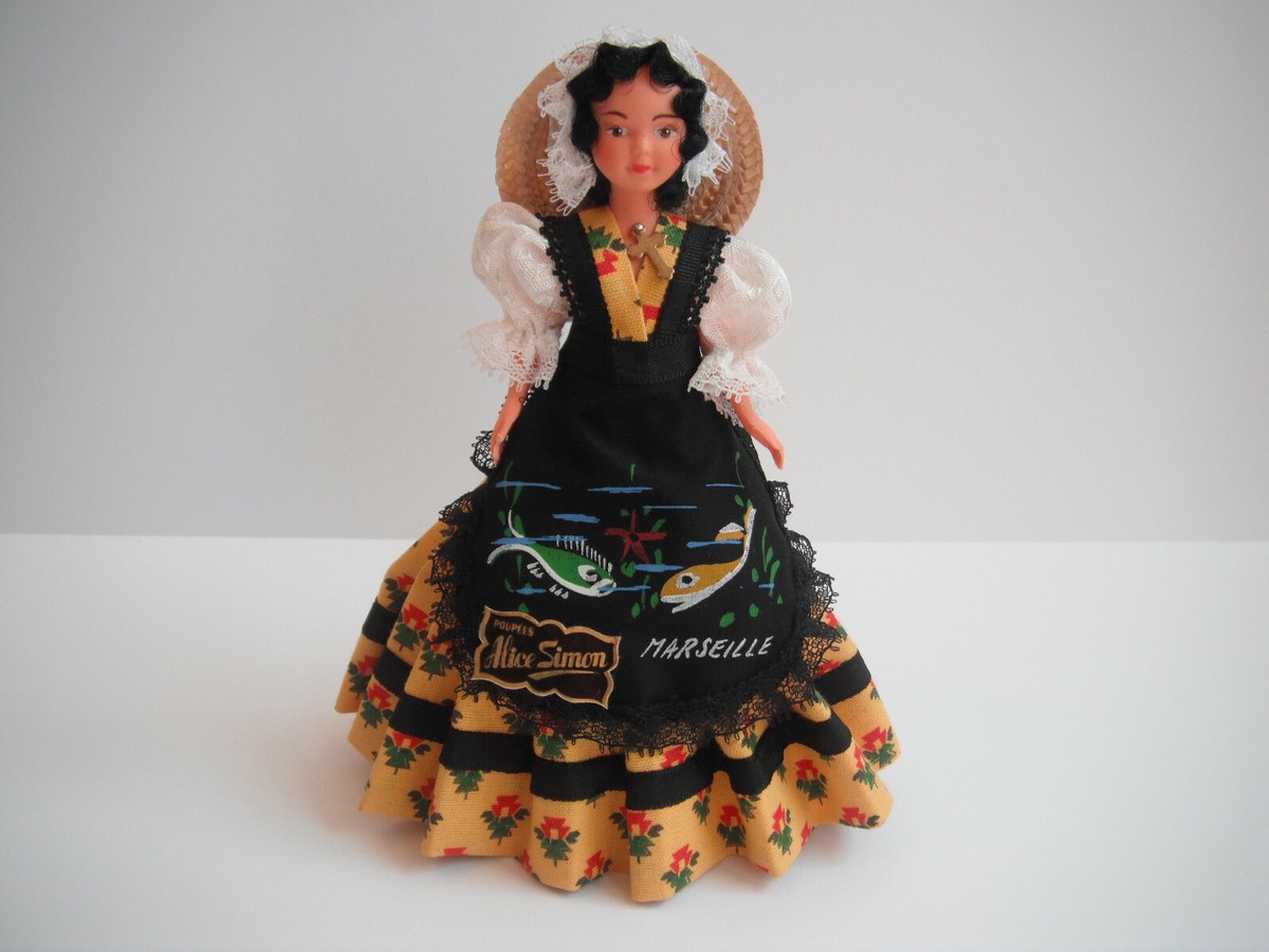Ancienne Poupée chiffon jaune blanc rose fleurs