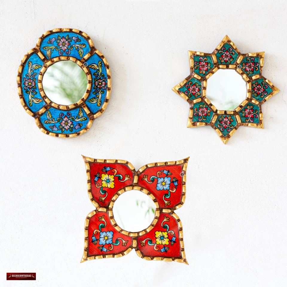 Handmade Small Accent Wall Mirror set of 3 | Peruvian Decorative mirrors of 6in - Image 2 of 4