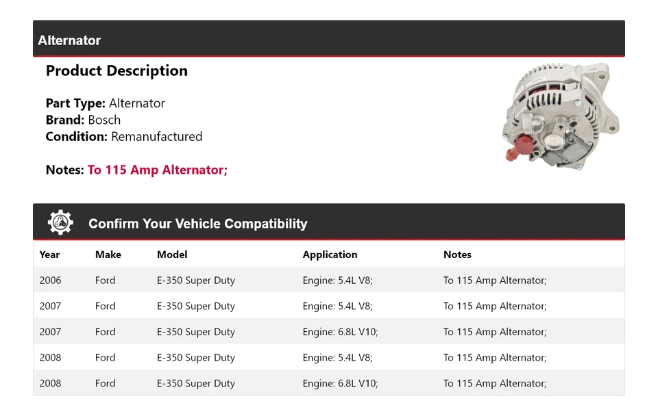 Alternador Bosch para Ford E-350 Super Duty 2006-2008 (remanufacturado) 2007 Foto 2 de 4