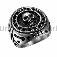 Stainless Steel Punk Gothic Skull Shield Biker Ring Halloween for Men Size 8-15