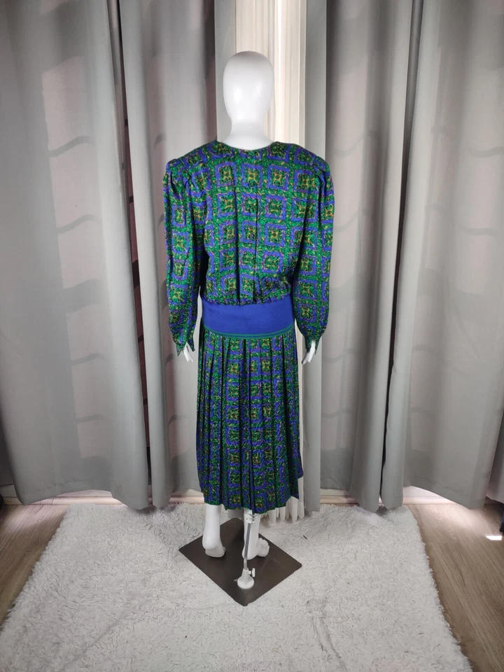 Adrianna Papell Vintage 80s Blue Green Pleated Silk Midi Dress Size 12 - Image 4 of 4
