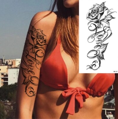 Temporäres Tattoo Rose Blume Love Liebe Muster Blumen Lettering Schwarz 