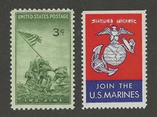 USMC WWII IWO JIMA POSTAGE STAMP + VINTAGE "JOIN THE MARINES" RECRUITMENT LABEL