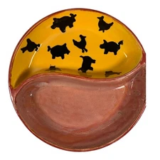 Studio Pottery Hand Painted Farm Divided Nut Fruit Veggies Dish Pigs Chickens