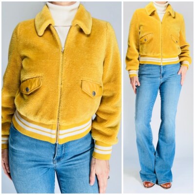Samantha Sipos Shearling Bomber Jacket Collared Full Zip Pockets Size XS Yellow