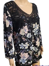 Daniel Rainn Top Large Blue Floral 3/4 Sleeves Lace Accent Stretch Rayon Blend