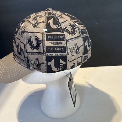 NWT TRUE RELIGION MENS BLACK BROWN TAN LOGO PRINT STRAPBACK 