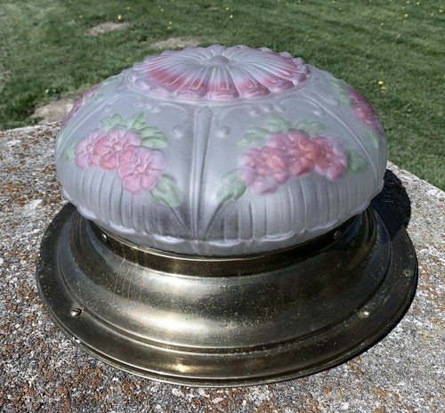Vintage Ceiling Light Lamp Reverse Painted Glass Shade,Brass Flush Mount Fixture - Picture 2 of 11