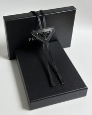 PRADA Logo Saffiano Black Leather Bolo Tie Triangular Plate Brand New with Box